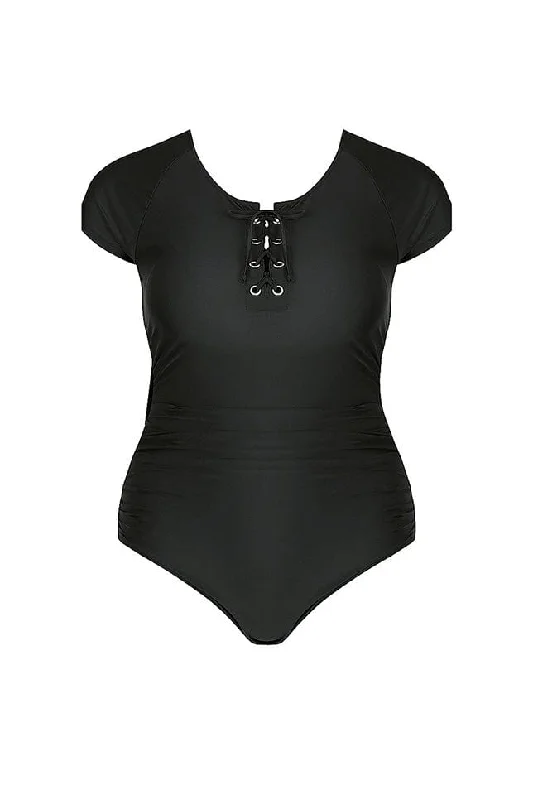 Black Short Sleeve Tie Front One Piece