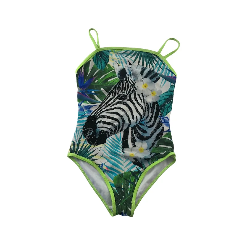 Bluezoo Swimsuit Age 9 Blue and Green Leafy Sequin Zebra One Piece Cossie