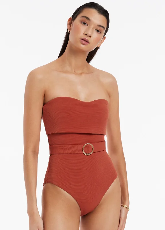 Isla Rib Fold Down Bandeau One Piece - Russet