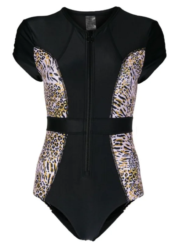 Short Cap Sleeve Suit | Black & Leopard Print