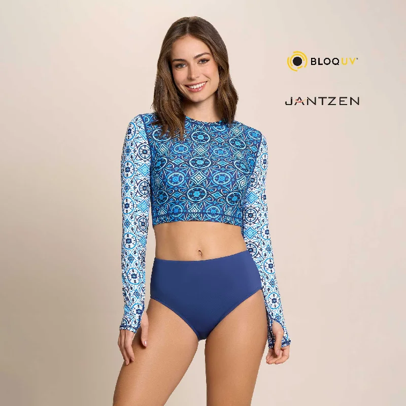 MOROCCAN TILES CROPPED SWIM RASH GUARD TEE TOP