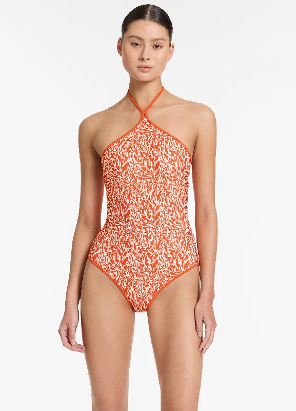 Sereno Ditsy High Neck Halter One Piece - Coral