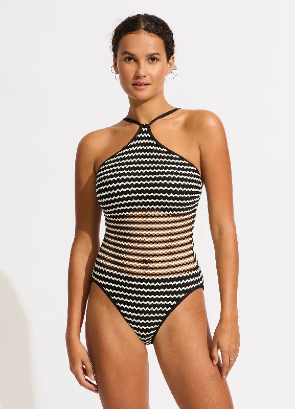 Mesh Effect DD High Neck One Piece - Black