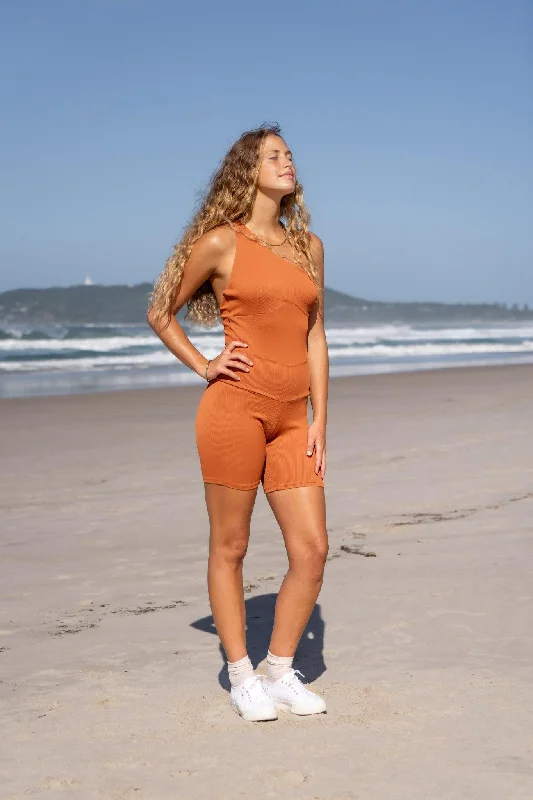 The Amy Ribbed Biker Shorts - Terracotta Orange