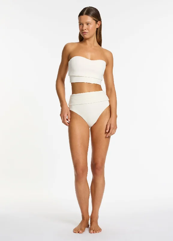 Isla Rib Fold Down High Waisted Bikini Bottom - Cream