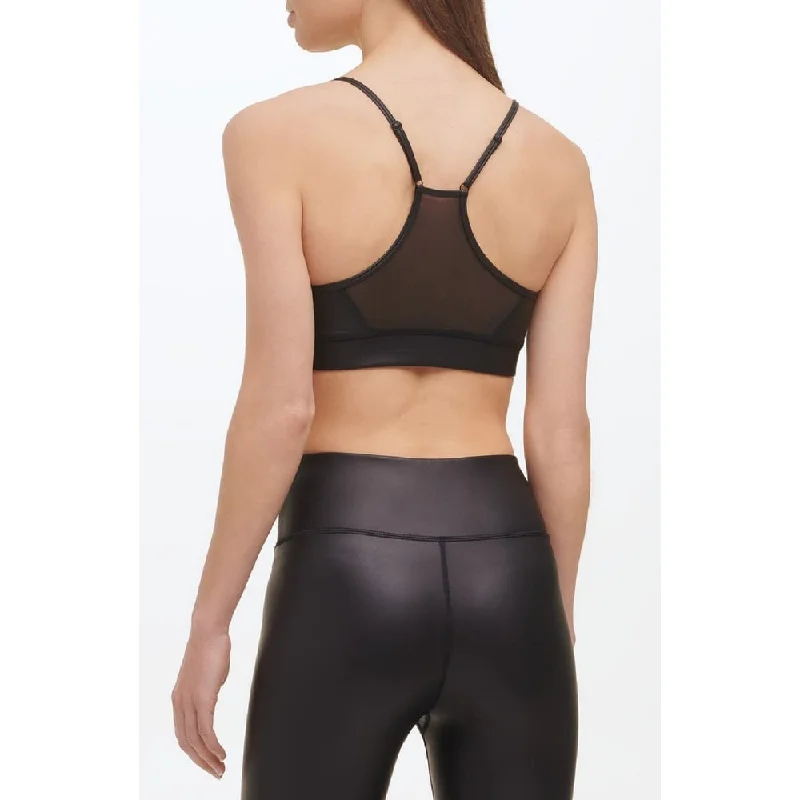 Dkny Women's Mesh Racerback Faux Leather Sports Bra Black Size Large